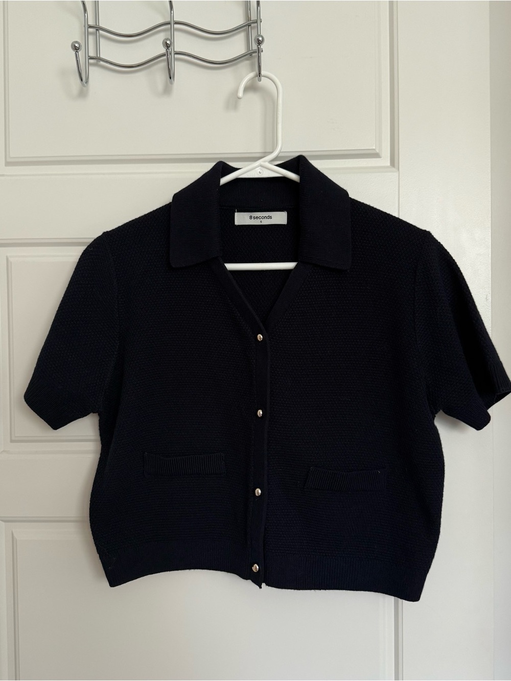 8 Seconds Navy Short-Sleeve Knit Button-Up Top